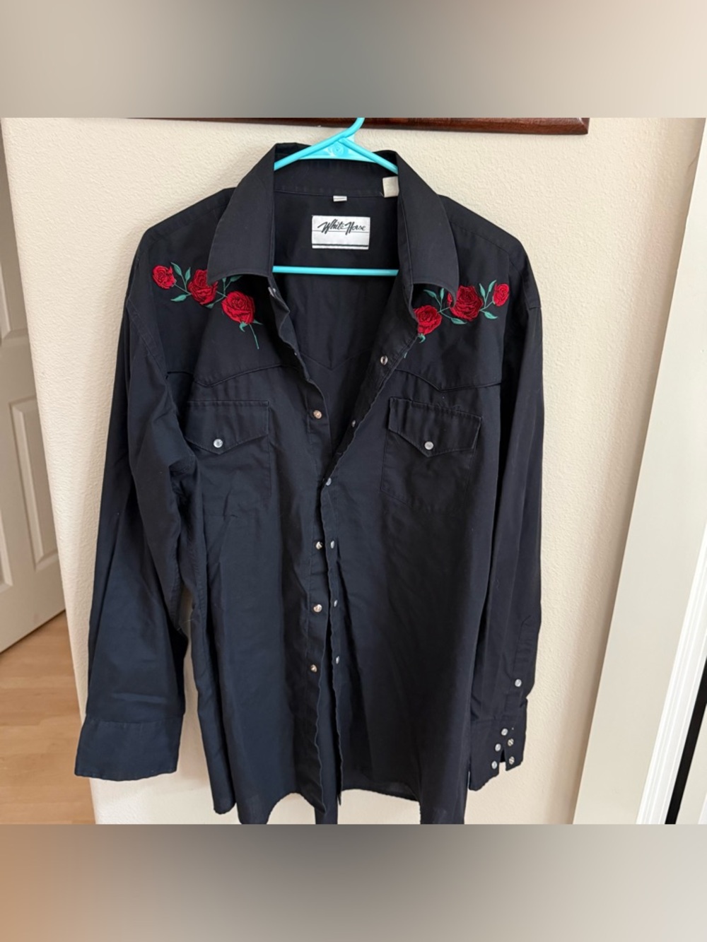 White Horse Black Western Shirt with Pearl Snaps & Embroidered Roses